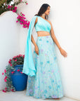 Blue Multi Sequins Skirt with Light Blue Drape Blouse and Dupatta - WaliaJones