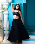 Black Embroidered Blouse with Tiered Skirt and Net Dupatta - WaliaJones