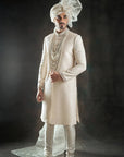 Self Weaved Off White Embroidered Sherwani - WaliaJones