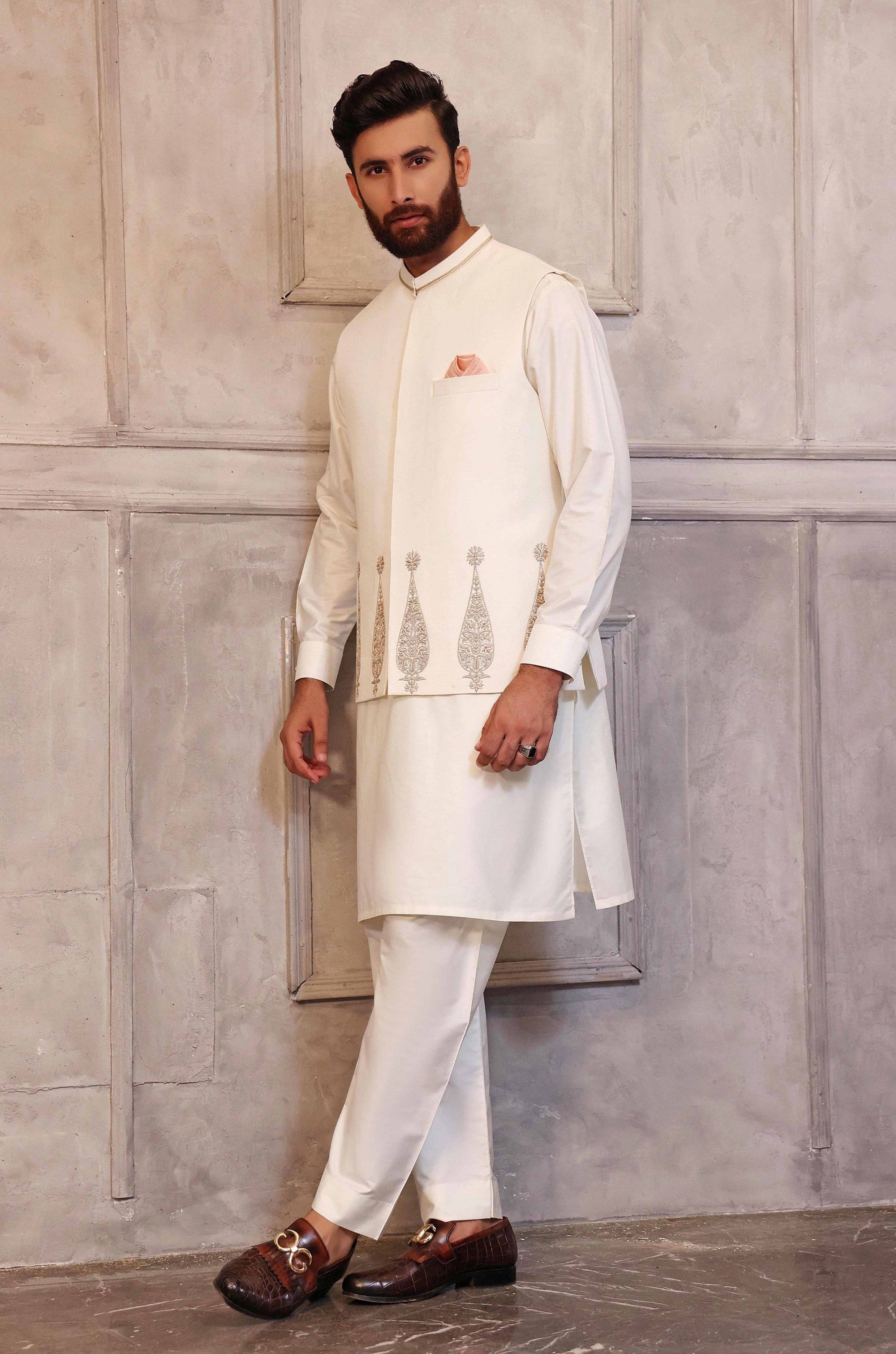 White Kaju-Shaped Design Waistcoat with Matching Raw Silk Suit - WaliaJones