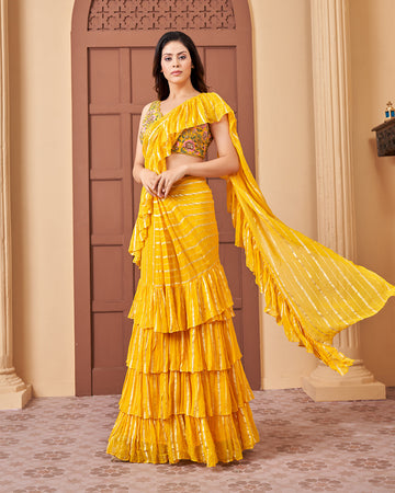 Yellow Georgette Four Layer Frill Saree and Blouse