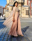 Nude Mirror Work Blouse with Sharara & Cape Set