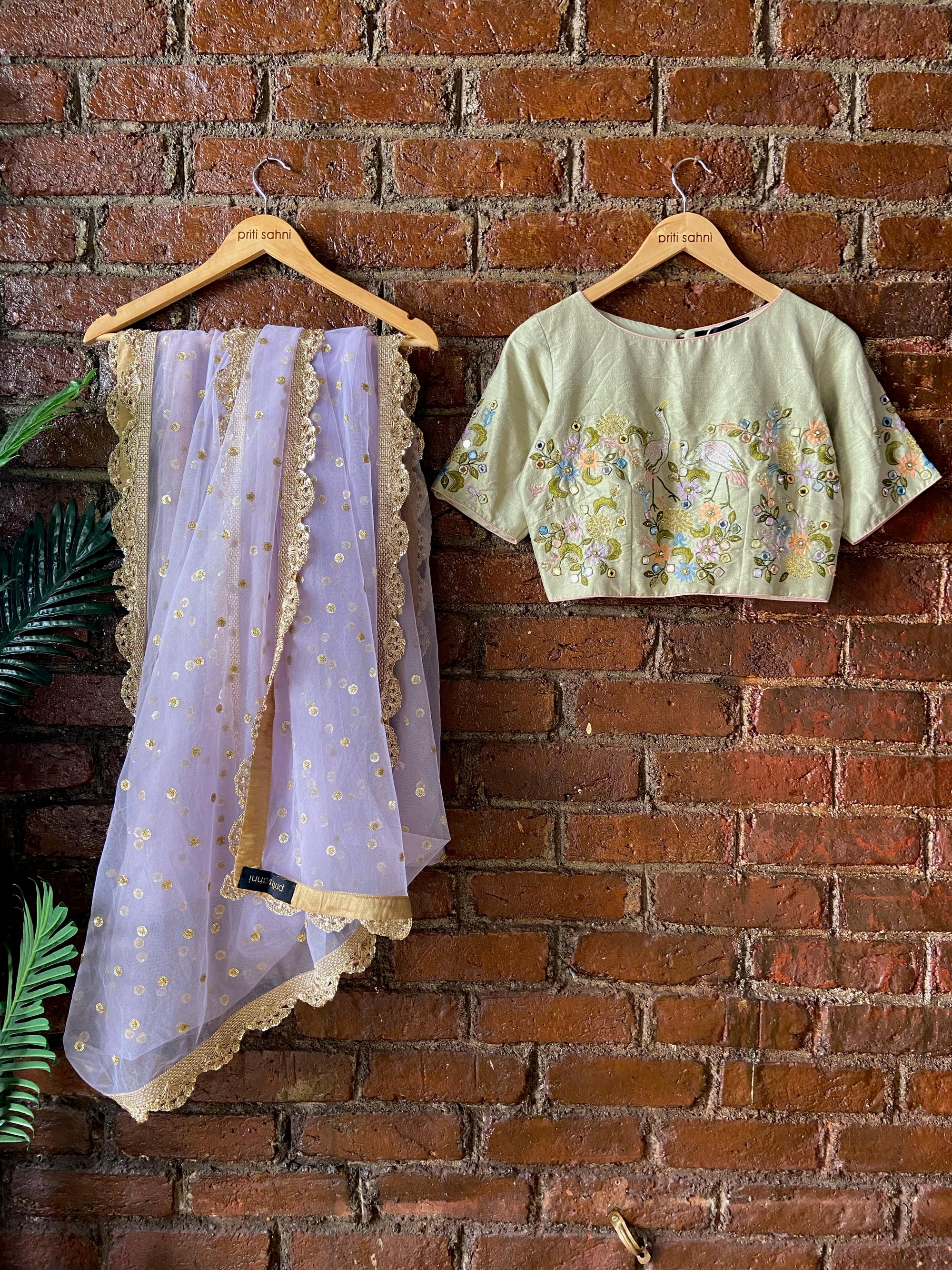 Lavender Saree and Mint Green Embroidered Blouse Set