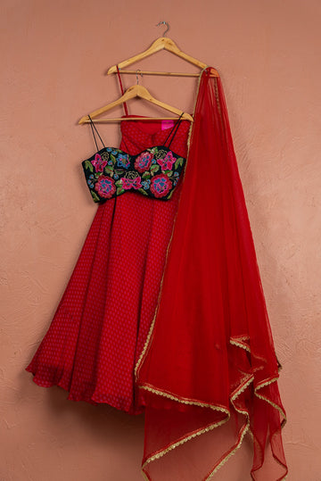 Red Bandani Lehenga with Midnight Blue Embroidered Blouse