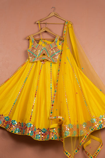 Sunshine Yellow Multicolor Thread & Mirrorwork Lehenga Set