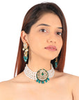 Rice White Pearl Choker with Emerald Green Pendant Set