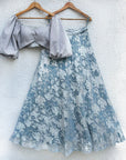 Metallic Puff Sleeve Blouse With Silver Powder Blue Glam Skirt