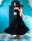 Black Embroidered Blouse with Tiered Skirt and Net Dupatta - WaliaJones