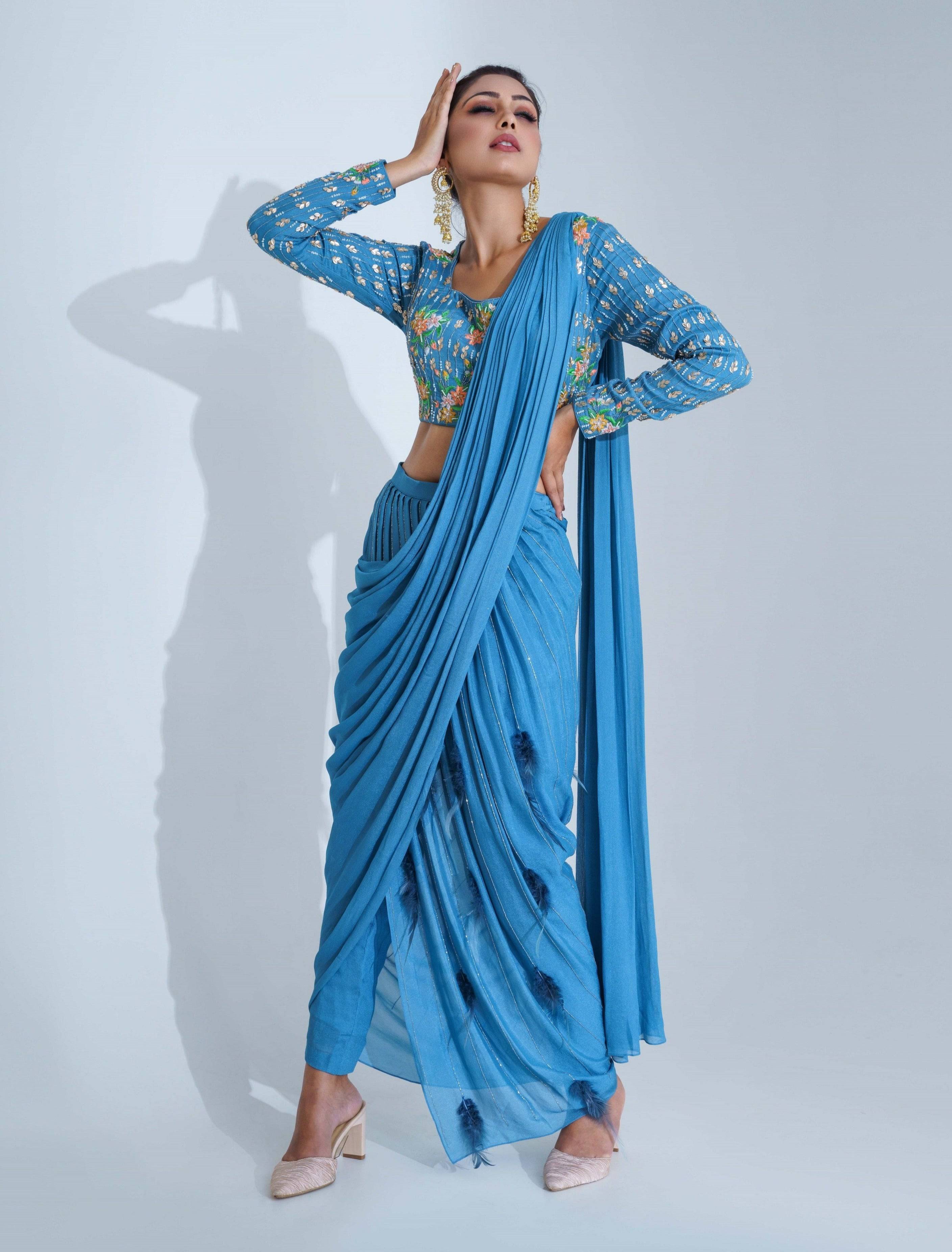 Women's Teal Embroidered Draped Saree Skirt Set