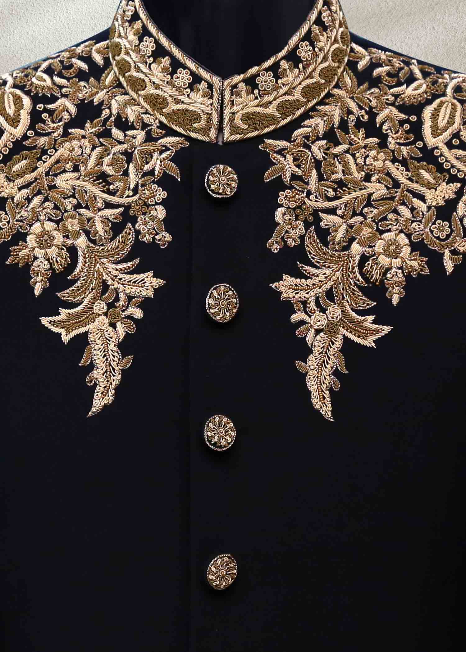 Dark Black Wedding Sherwani with Golden Embroidery - WaliaJones
