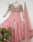 Dusky Pink Layered Sharara Set with Mirror & Sequin Blouse with Dupatta - WaliaJones