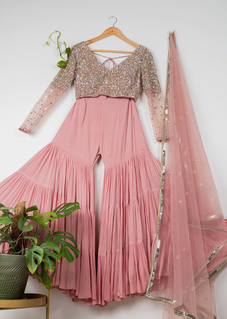 Dusky Pink Layered Sharara Set with Mirror & Sequin Blouse with Dupatta - WaliaJones