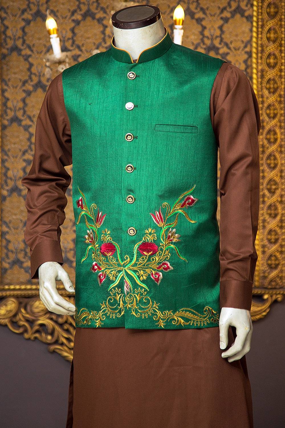 Green Raw Silk Waistcoat with Colourful Tilla &amp; Resham Embroidery - WaliaJones