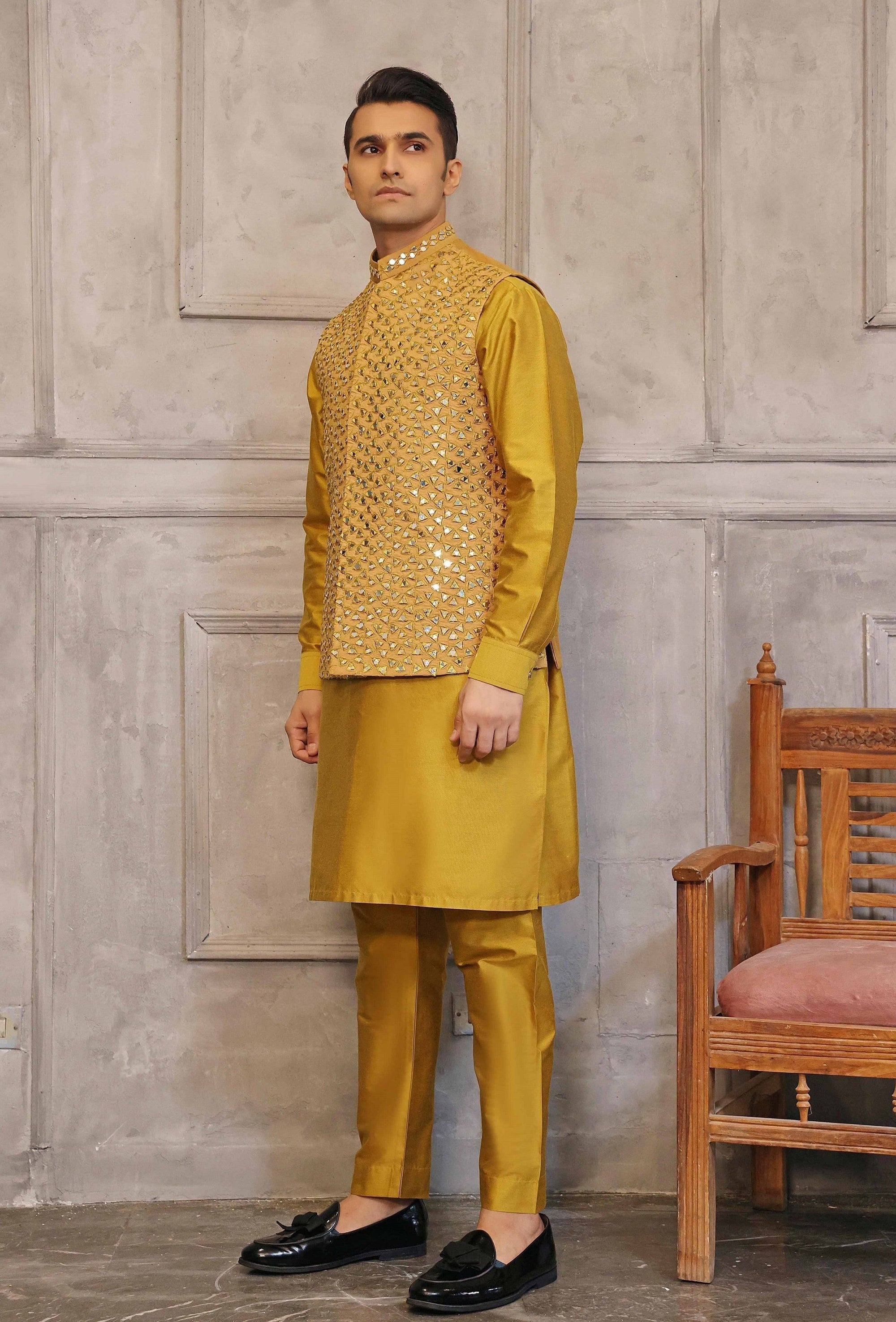 Mustard Mirror Work Waistcoat with Matching Raw Silk Suit - WaliaJones