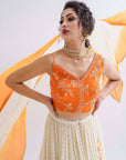Orange & Off-White Hand Embroidered Lehenga Set - WaliaJones