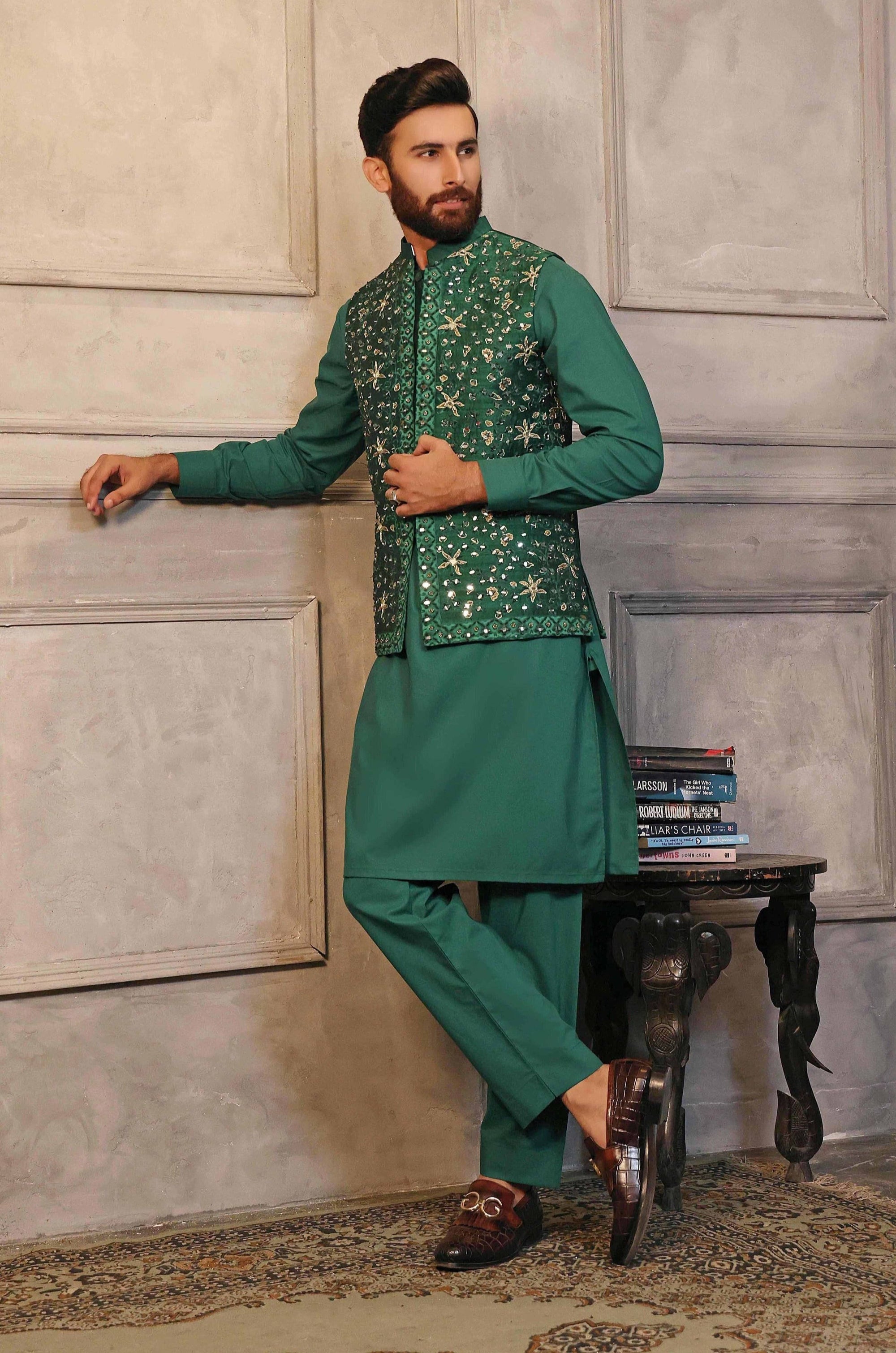 Silver &amp; Golden Embroidered Green Waistcoat with Matching Raw Silk Suit - WaliaJones