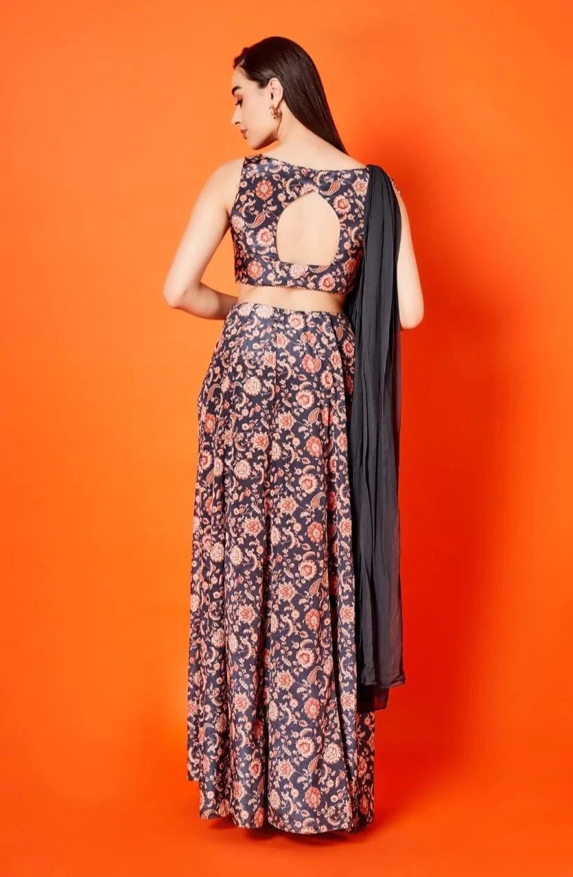 Black &amp; Oyster Beige Paisley Floral Gown with Dupatta