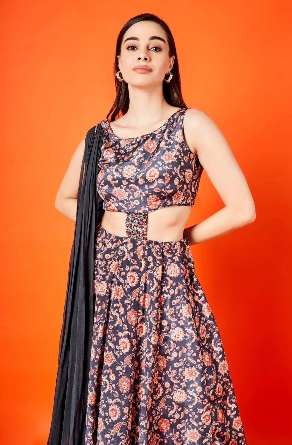 Black &amp; Oyster Beige Paisley Floral Gown with Dupatta