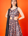Black & Oyster Beige Paisley Floral Gown with Dupatta