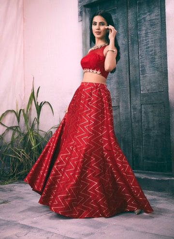 Red Silk Aztec Print Lehenga with Hand Embroidered Blouse