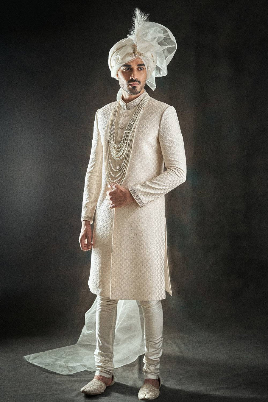 Self Weaved Off White Embroidered Sherwani - WaliaJones