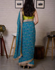 Blue Printed Saree with Olive Bustier - WaliaJones
