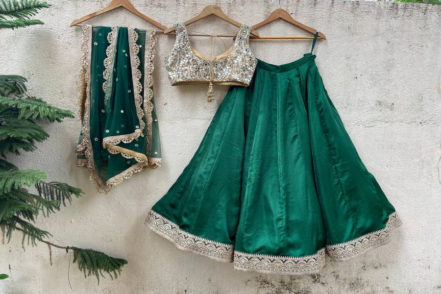 Emerald Green and Nude Mirror Work Lehenga Set - WaliaJones