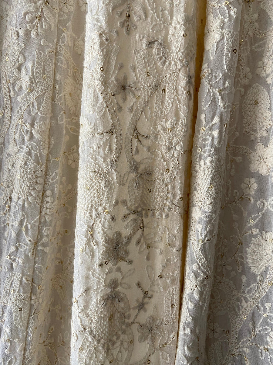 Ivory Thread and Mirror work Lehenga Set with Fuchsia Accent - WaliaJones