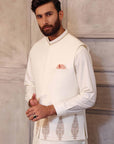 White Kaju-Shaped Design Waistcoat with Matching Raw Silk Suit - WaliaJones