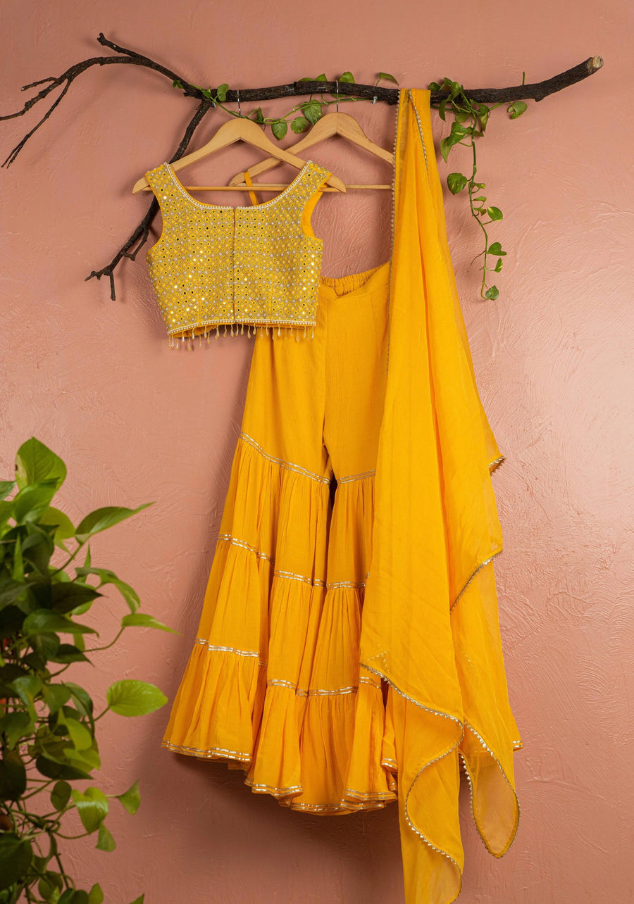 Mango Yellow Sharara with Mirrorwork Blouse & Dupatta