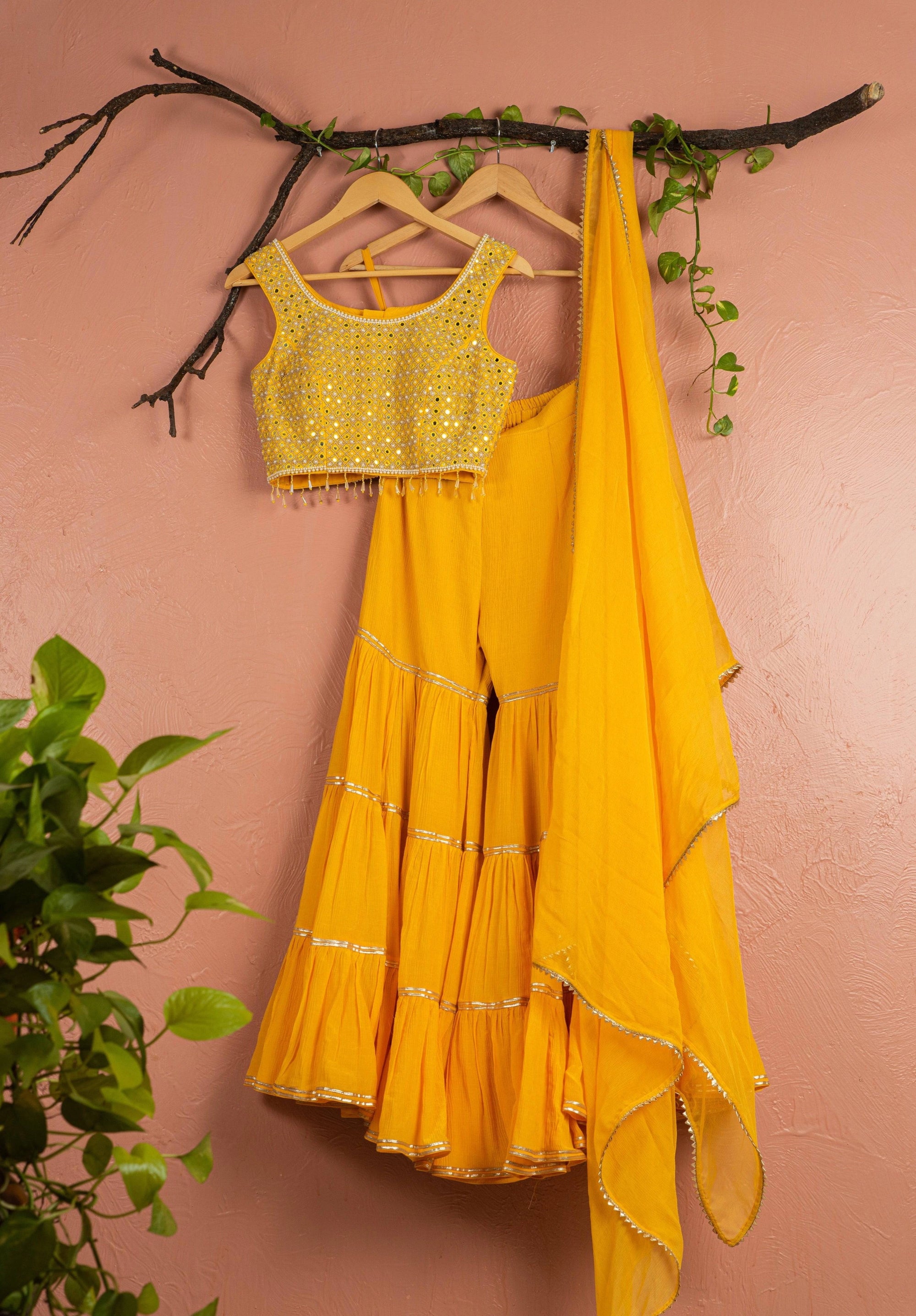 Mango Yellow Sharara with Mirrorwork Blouse &amp; Dupatta