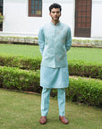 Shimmer Blue Nehru Jacket Set - WaliaJones