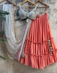 Peach and Ivory Ruffle Lehenga Set - WaliaJones