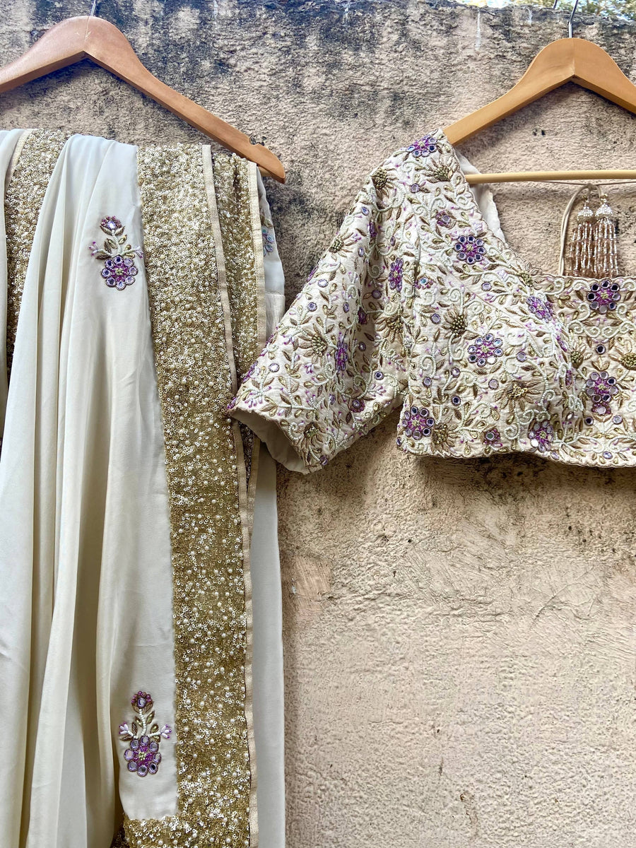 Ivory and Lavender Embroidered Saree - WaliaJones