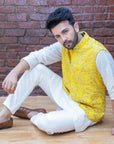 Ivory Kurta and Pant set with Yellow Vest - WaliaJones