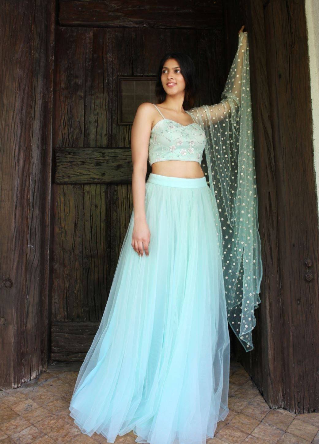 Mint Green Bustier with Pearl Embroidery, Tulle Skirt &amp; Dupatta - WaliaJones