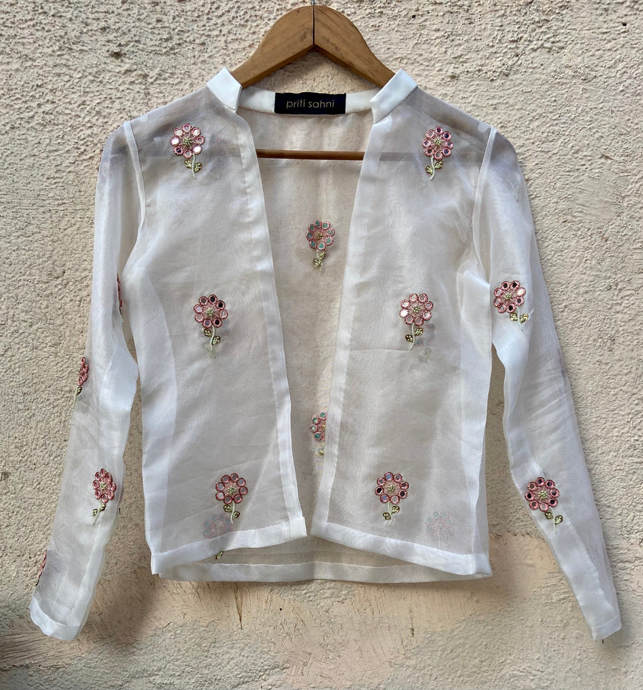 Ivory raw silk lehenga with mirror work and bustier and jacket - WaliaJones