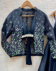 Black raw silk lehenga set with handprinted jacket - WaliaJones