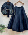 Black raw silk lehenga set with handprinted jacket - WaliaJones