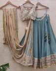 Turkish Blue Green and Nude Lehenga Set - WaliaJones