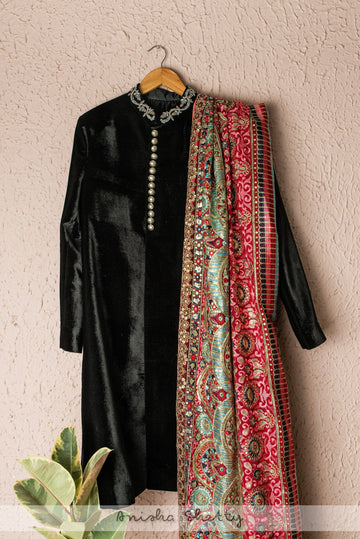 Black Velvet Sherwani With Multicolor Dupatta - WaliaJones