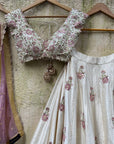 Ivory Pink Thread & Mirror Work Lehenga Set - WaliaJones