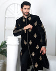 Black Velvet Sherwani with Hand-worked Motif