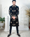 Black Velvet Sherwani with Hand-worked Motif