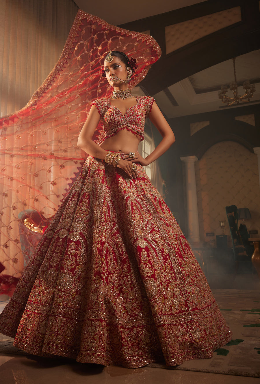 Red Alluring Heavily Embroidered Lehenga