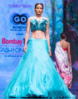 Dawn Lehenga and Metallic Feather Sequence Crop Top Set in Teal Blue