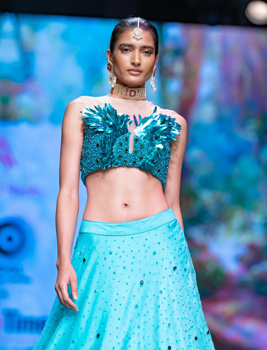 Dawn Lehenga and Metallic Feather Sequence Crop Top Set in Teal Blue