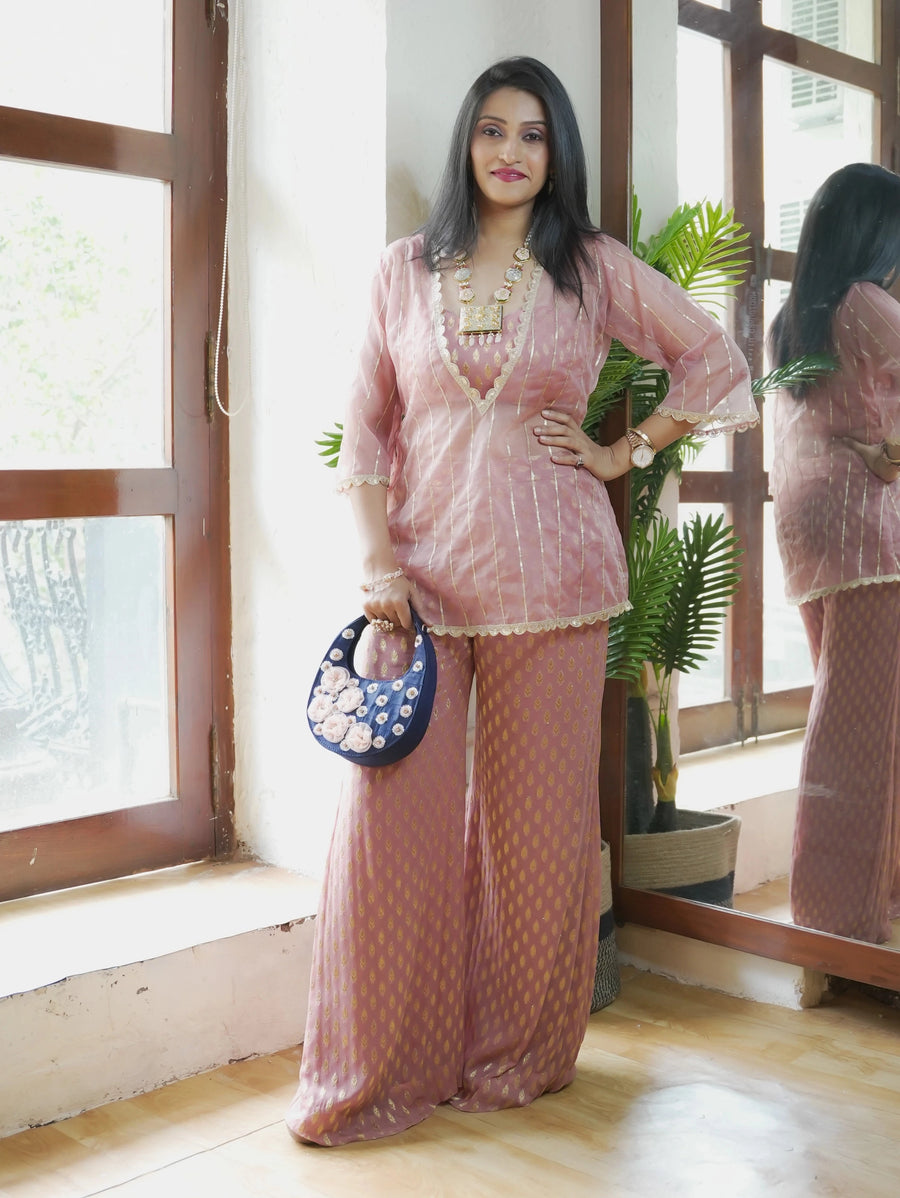 Nude Pink Bustier and Palazzo Pant with Kurta Set