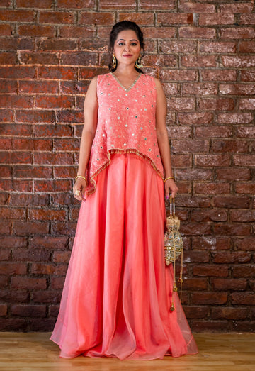 Coral Thread and Mirror Work Palazzo Set