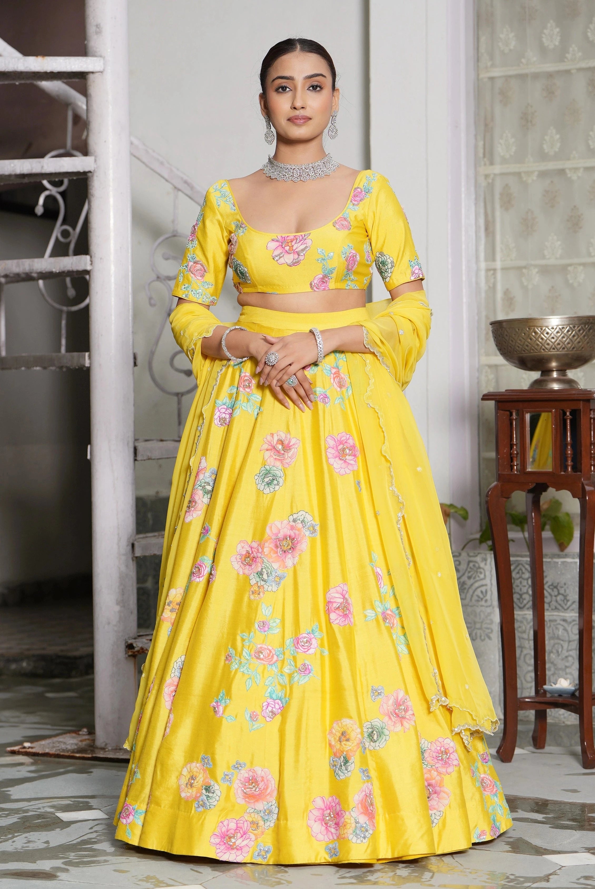 Yellow maharani embroidery lehenga set